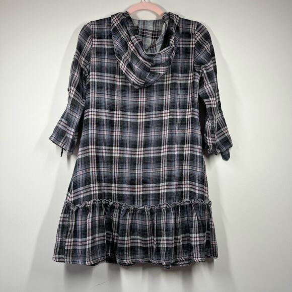 MONTEAU Blue Red Plaid 3/4 Sleeve Hooded Button Down Mini Dress Small - Picture 2 of 9